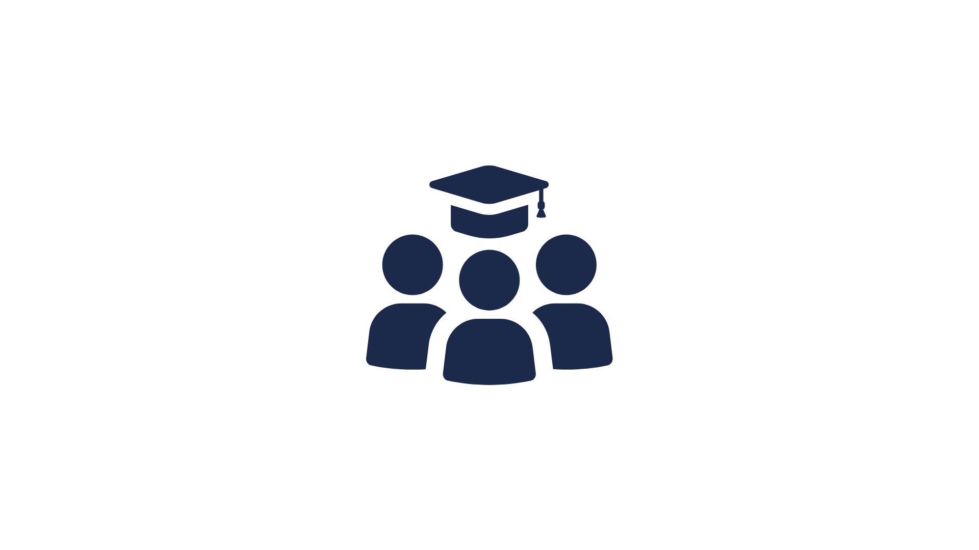 Three people under a graduation cap icon in dark blue