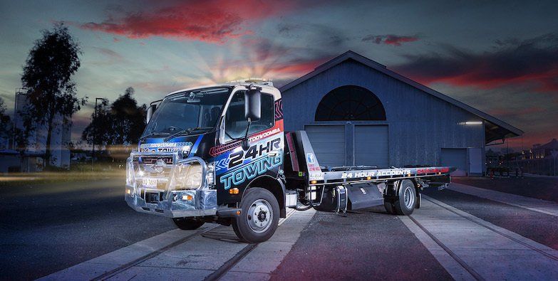 Broken Down Auto Vehicle Car Towed Onto Flatbed Tow Truck With Hook And Chain — Toowoomba 24hr Towing In Toowoomba, QLD