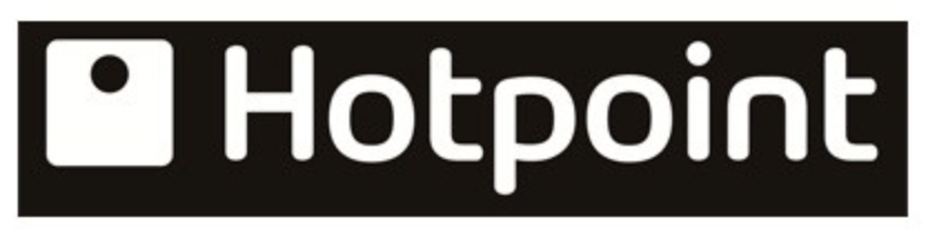 A black and white hotpoint logo on a white background