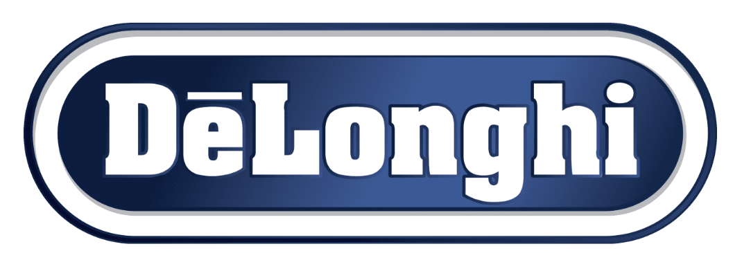A blue and white delonghi logo on a white background