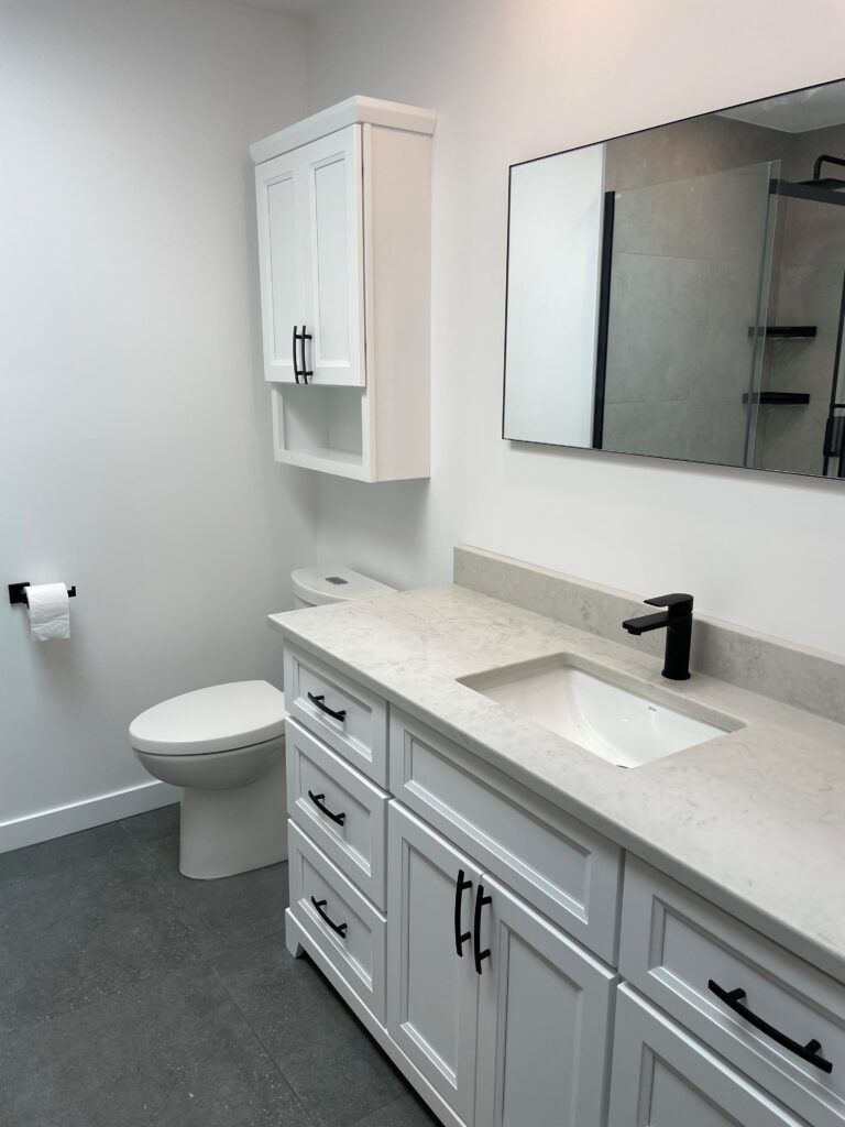 Salle de bains moderne blanche avec meuble-lavabo, toilettes et miroir ; robinetterie foncée.