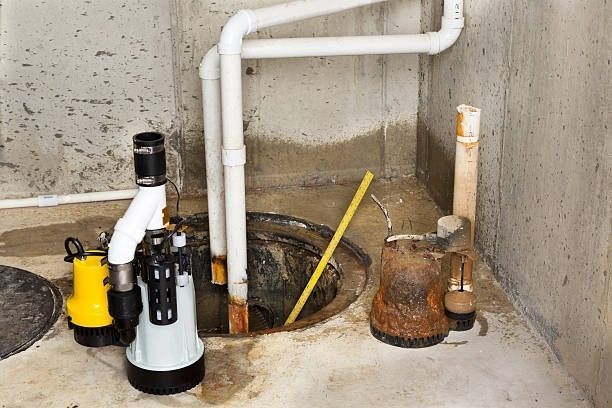 Basement sump pit with white pipes and a yellow pump beside a wet concrete wall