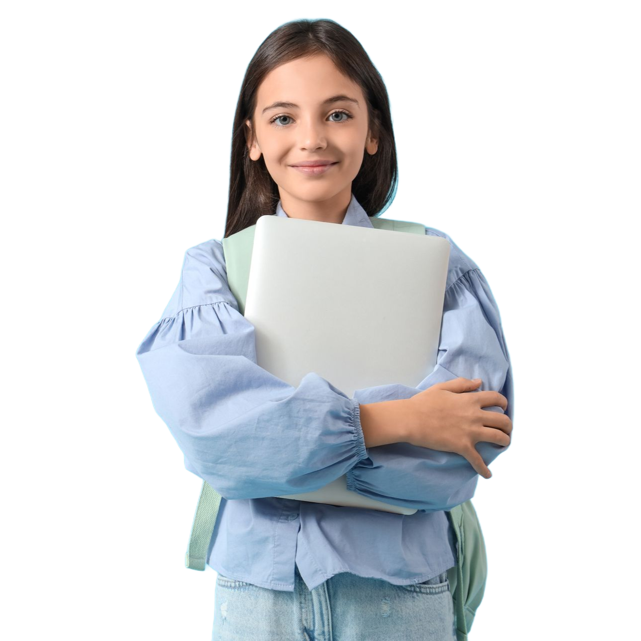 A smiling student in a blue button-down shirt and backpack holding a closed silver laptop against their chest.