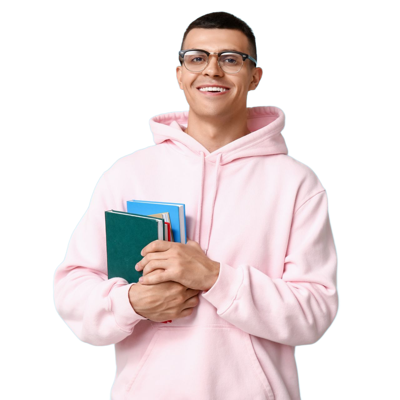 A smiling person wearing a light pink hoodie and glasses, holding a stack of books against their chest.