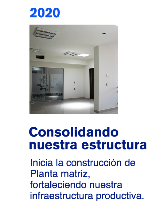 Interior de oficina en construcción con texto azul sobre consolidación de estructura, 2020.