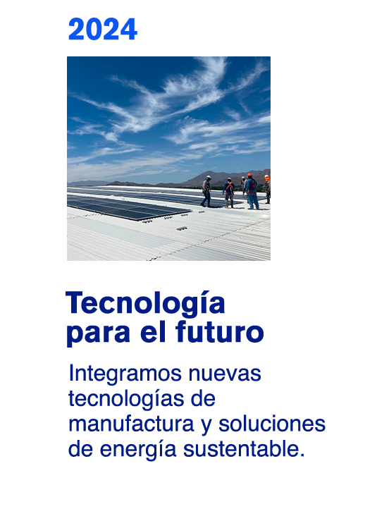 Pancarta de 2024 con paneles solares y personas en una azotea bajo un cielo azul, promoviendo la tecnología sostenible.