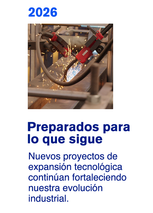 2026: maquinaria industrial con chispas; texto “Preparados para lo que sigue” y expansión tecnológica.