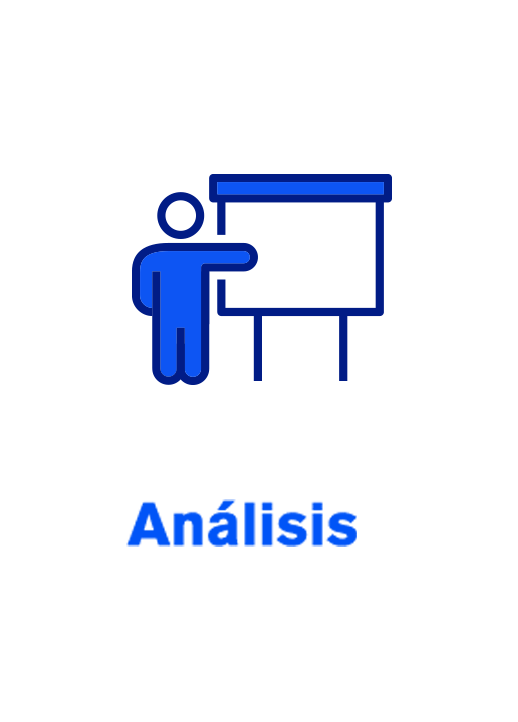 Icono azul de presentador junto a una pizarra blanca con la palabra “Análisis” debajo.