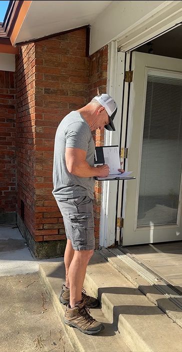 Man using a laptop on a stand outside a brick house, near open door and steps