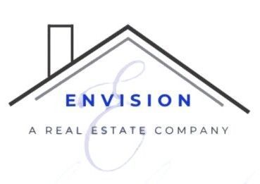 Envision real estate company logo with a gray house roof and blue text