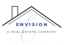 Envision real estate company logo with gray roof outline and blue text on white background