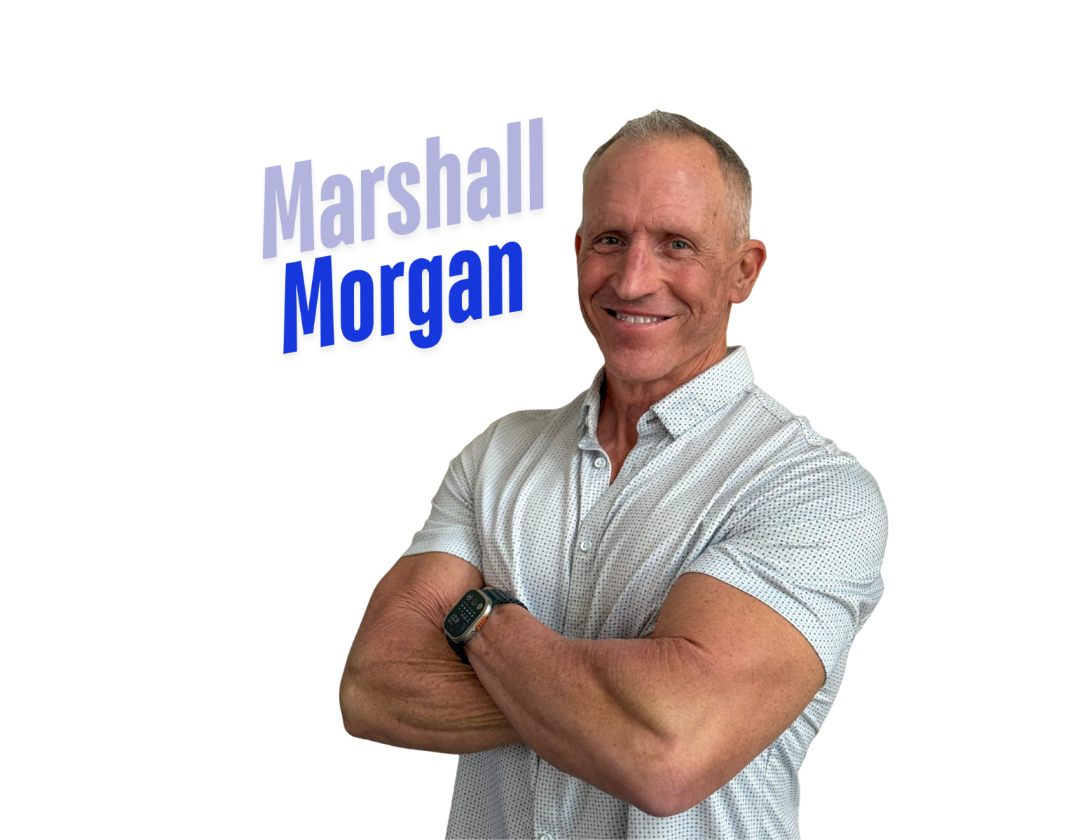 Smiling man with crossed arms beside the blue text “Marshall Morgan”