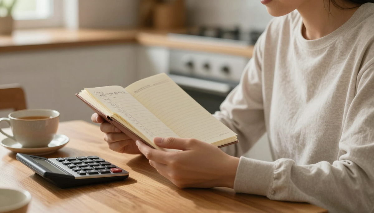 Hands holding a notebook with handwritten budget columns at a kitchen table, with a calculator and a cup of tea nearby