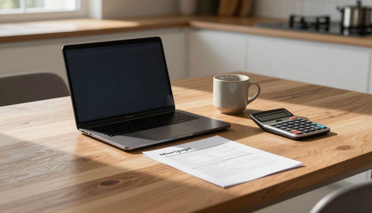 Kitchen table with a laptop, coffee mug and calculator in soft autumn light