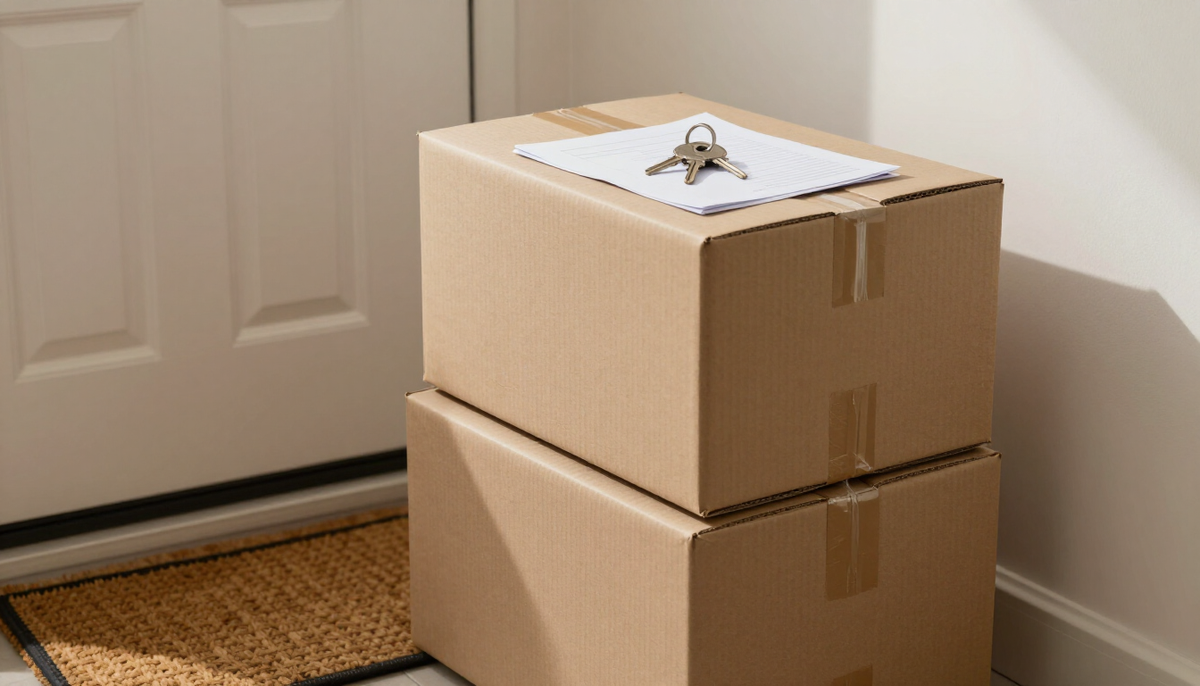 Moving boxes beside a front door with keys and a folded document