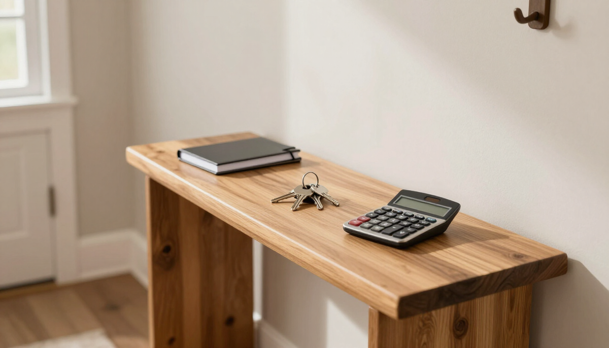 Keys, a notebook and a calculator on a wooden table in a bright entryway