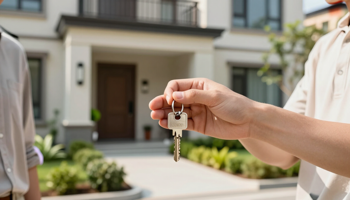 A couple’s hands holding house keys in front of a new townhome