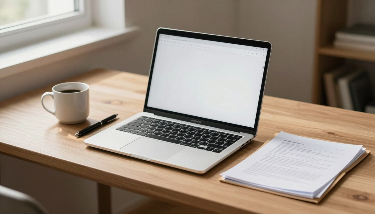 A tidy desk with a laptop, coffee mug, pen and folder of papers