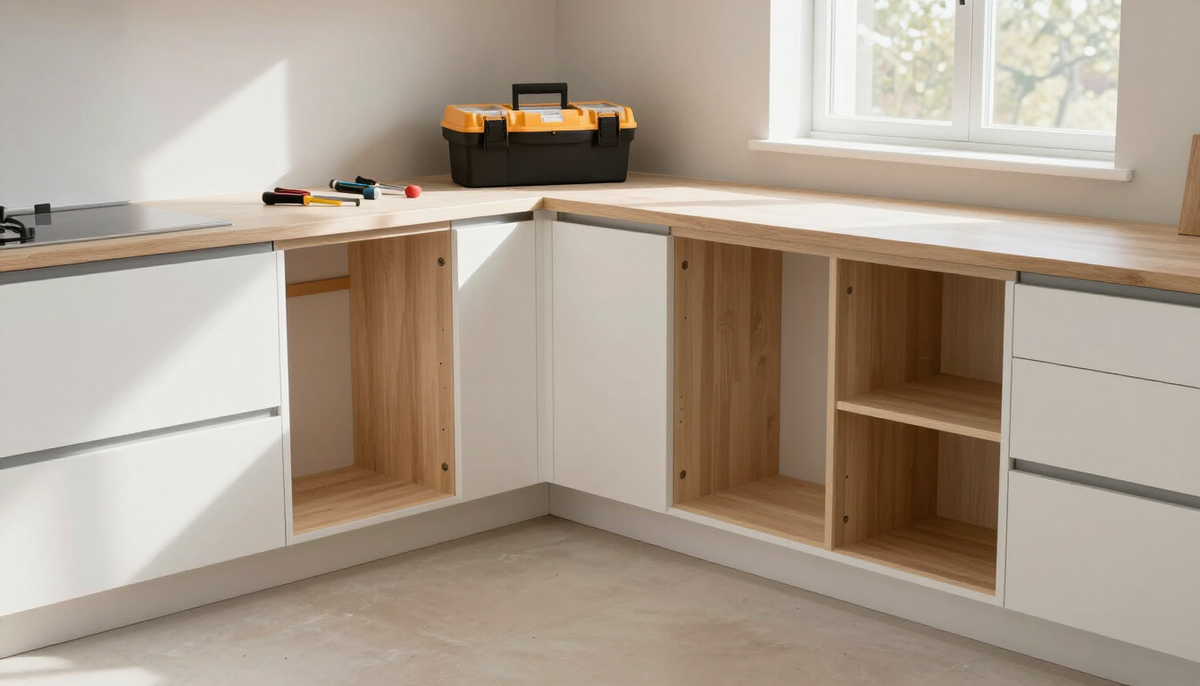 A bright kitchen mid-renovation with new cabinets partly installed