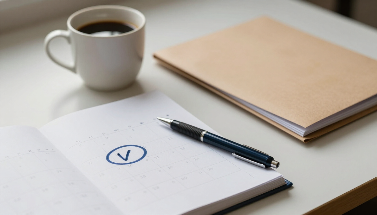 A calendar on a desk with a date circled beside an open folder and coffee