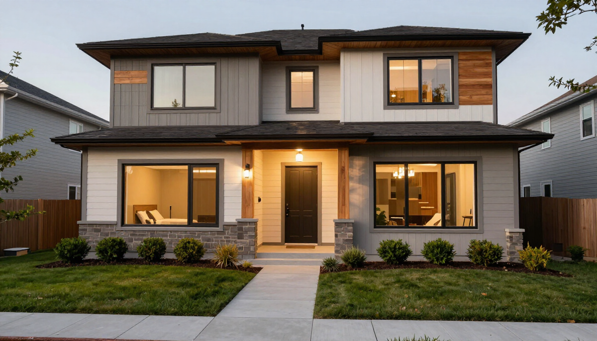 A modern two-storey home with a separate side entrance to a basement suite