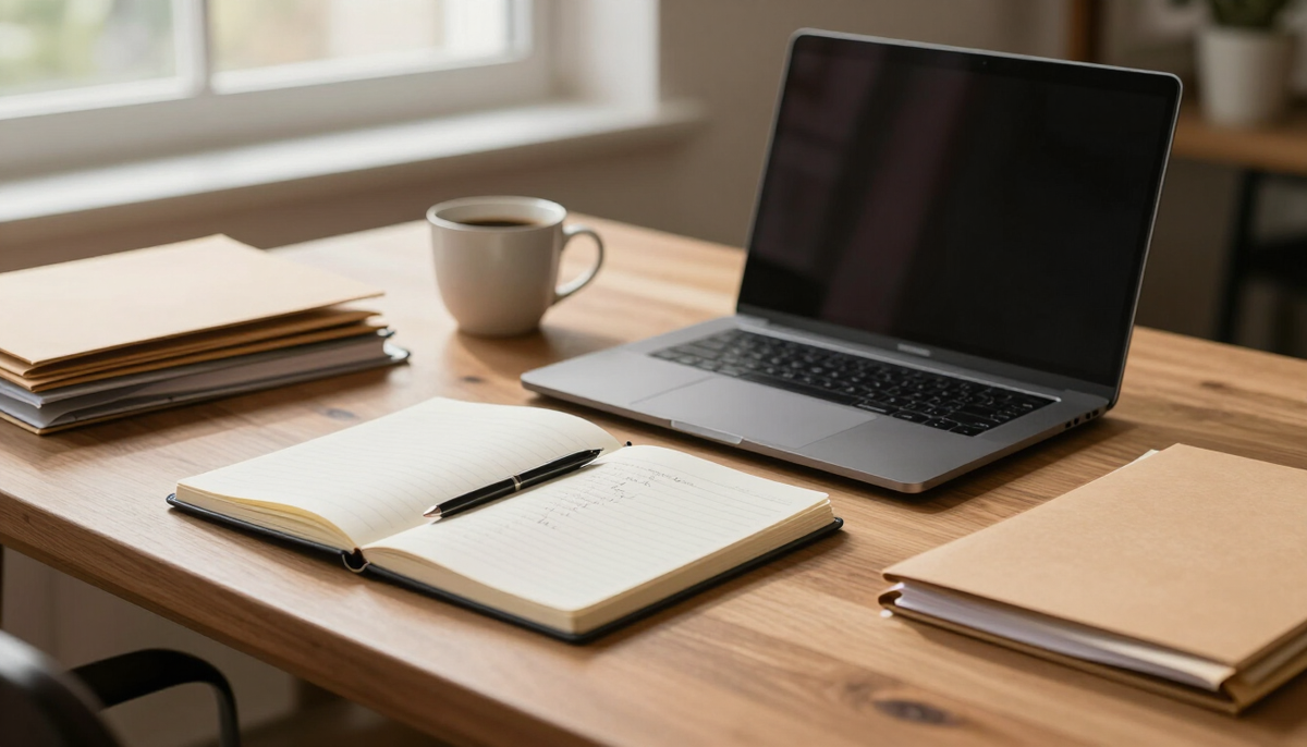A small business owner’s workspace with a laptop, notebook, coffee and folders