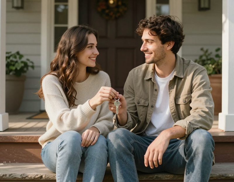 A couple sitting on the front steps of their home holding a house key
