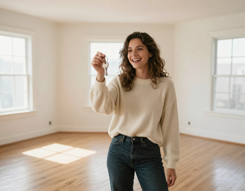A young woman holding keys in the empty living room of her first home