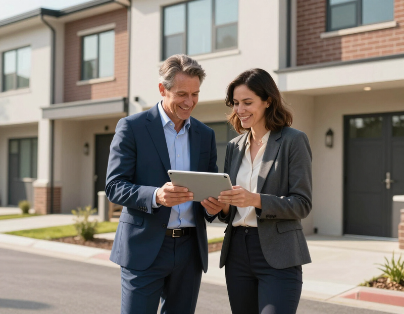Two people reviewing plans outside a row of townhomes