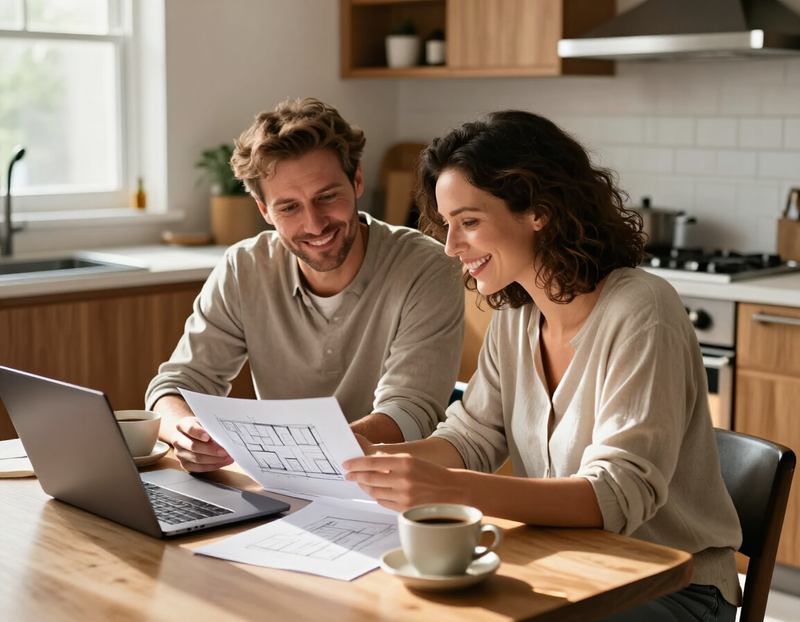 A couple reviewing renovation sketches at a sunlit kitchen table