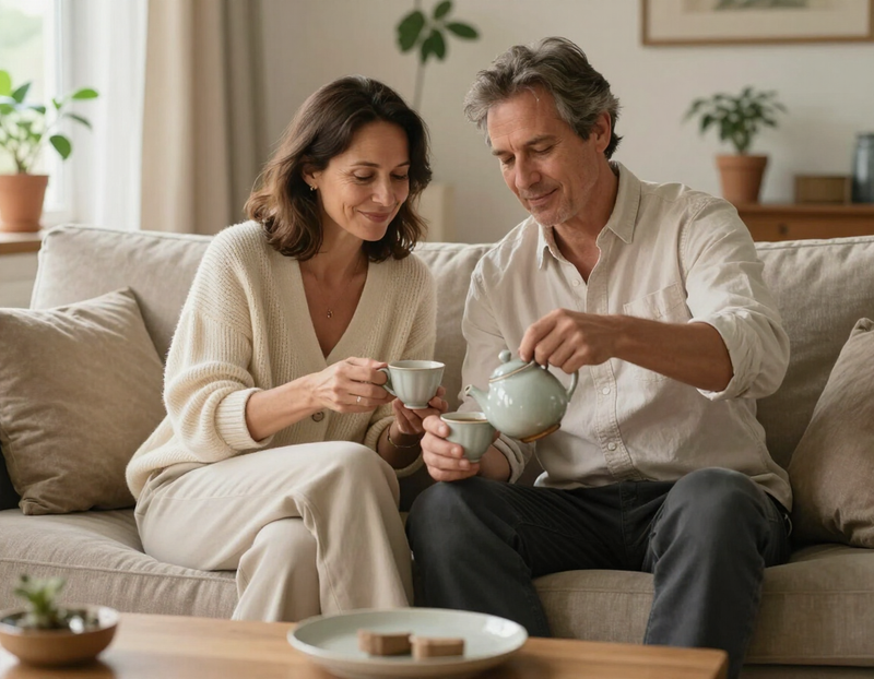 A relaxed couple sharing tea on the sofa in their home