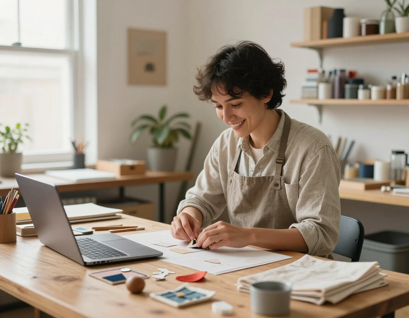 A self-employed craftsperson working at a bright home studio bench