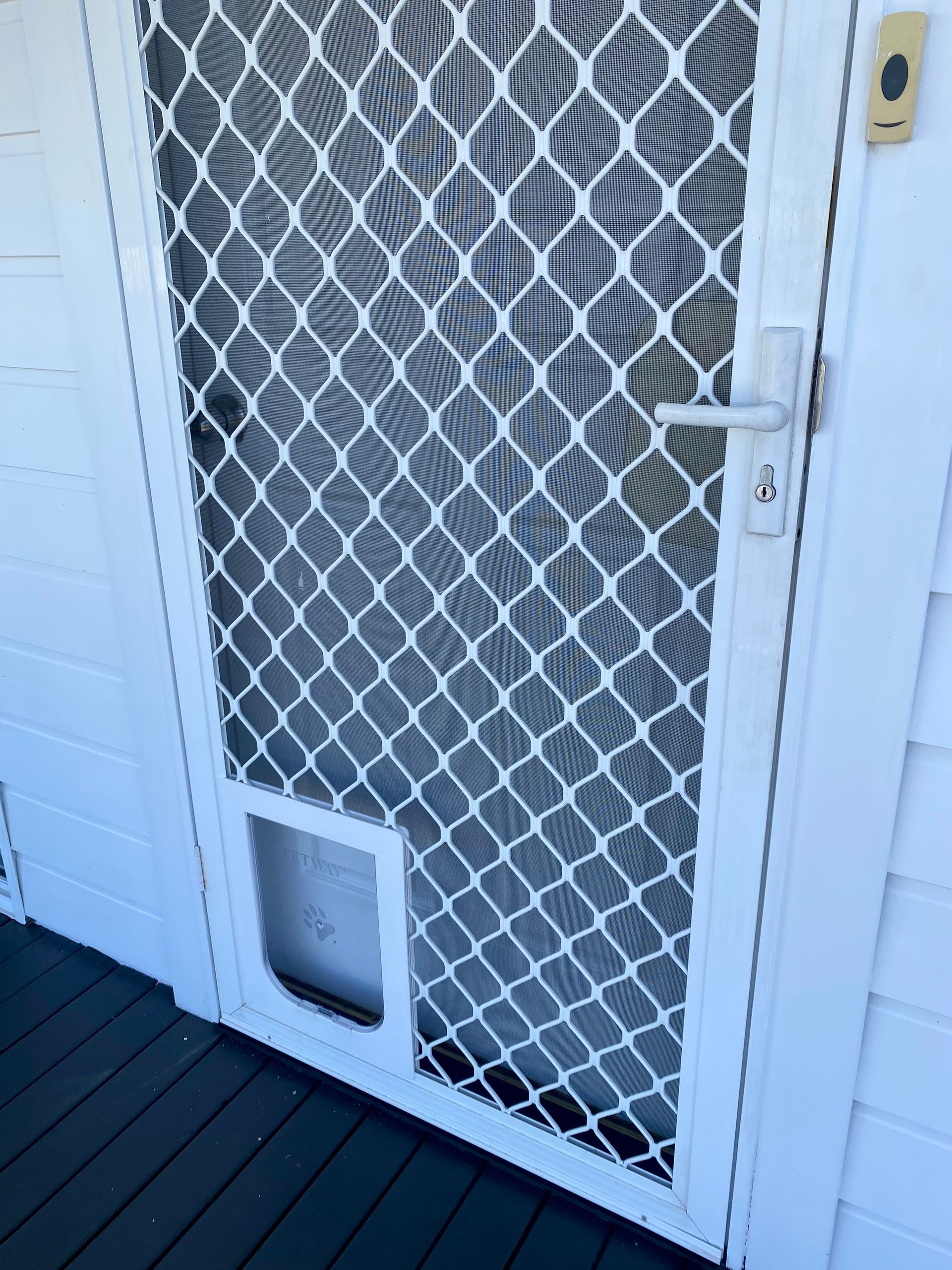 White Screen Door With Cat Flap — Fix-A-Door in Raymond Terrace, NSW