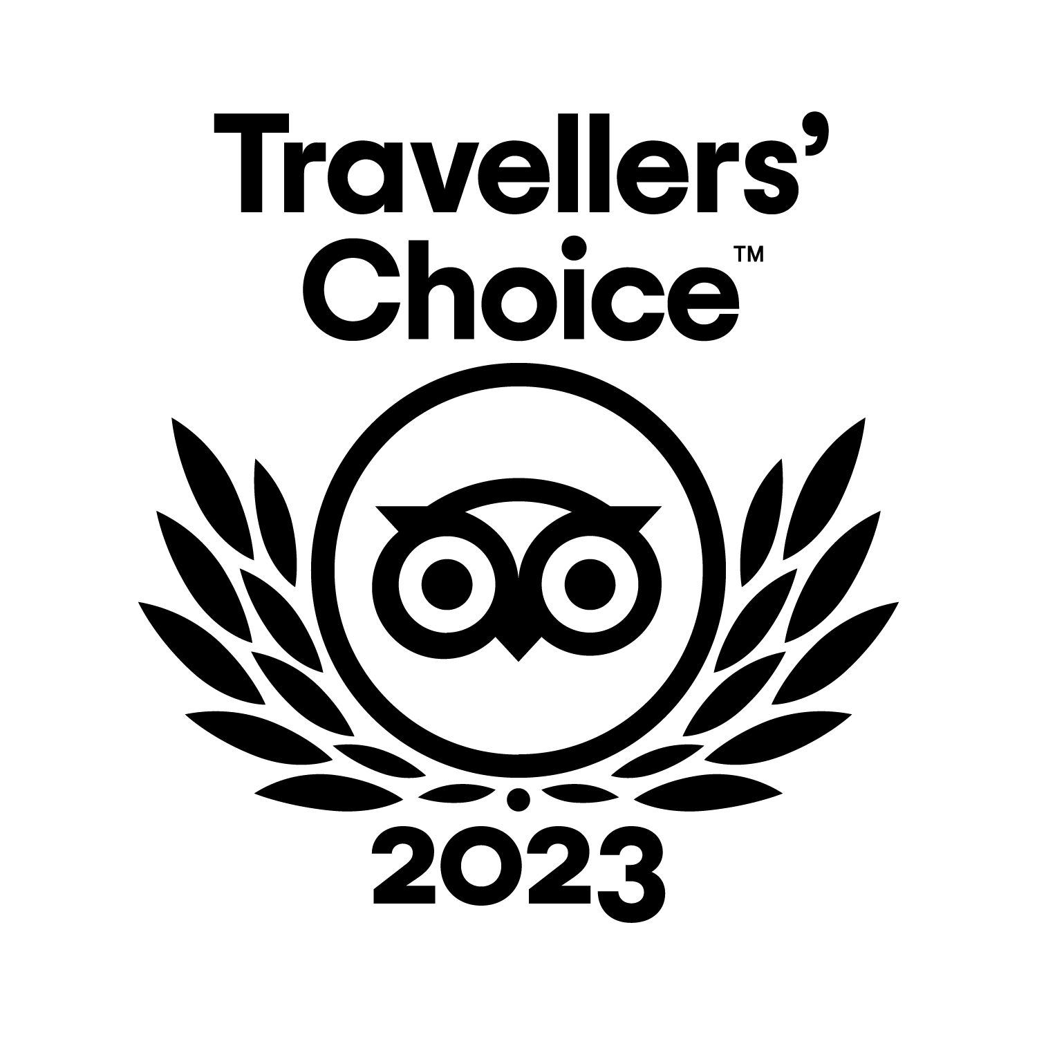 O logotipo da Travellers Choice 2023 é um logotipo preto e branco com uma coruja e uma coroa de louros.