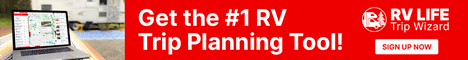 Red RV trade show banner with laptop, aerial view map, and text: “Get the #1 RV Trip Planning Tool!”