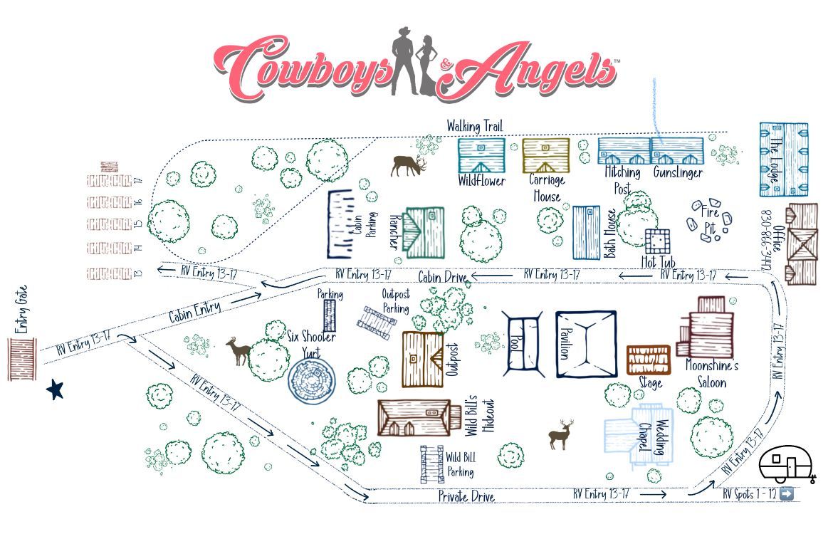 Illustrated floor plan labeled “Cowboys Angels” with rooms, arrows, and small icons on a white background