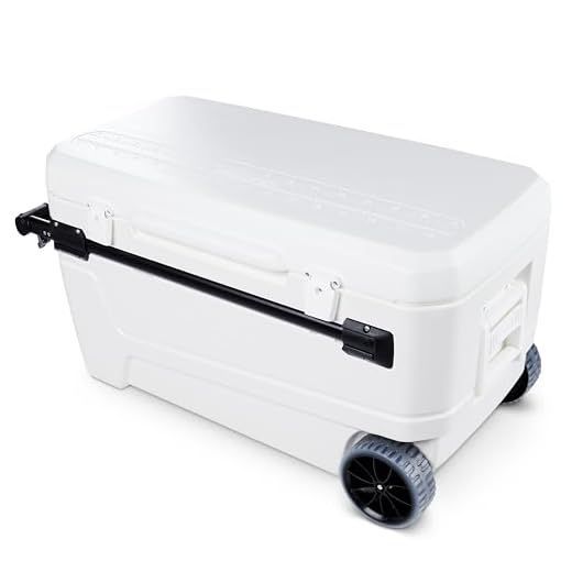 White hard cooler with black handle and wheels on a white background