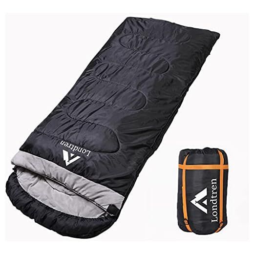 Black sleeping bag with gray lining and a small orange-and-black storage pouch.