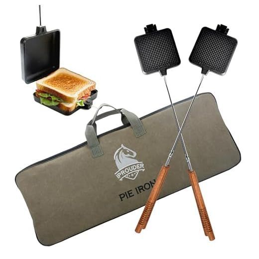 Two long-handled black grill sandwich press squares and a gray carrying case with toasted sandwich inset.