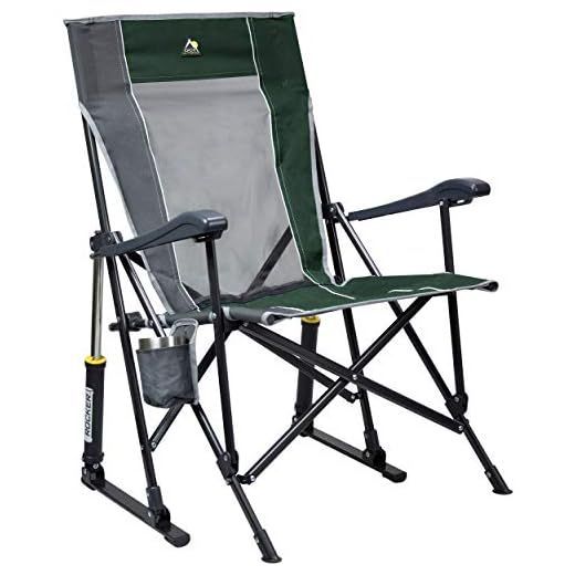 Green and gray folding camping chair with black frame and cup holder on white background