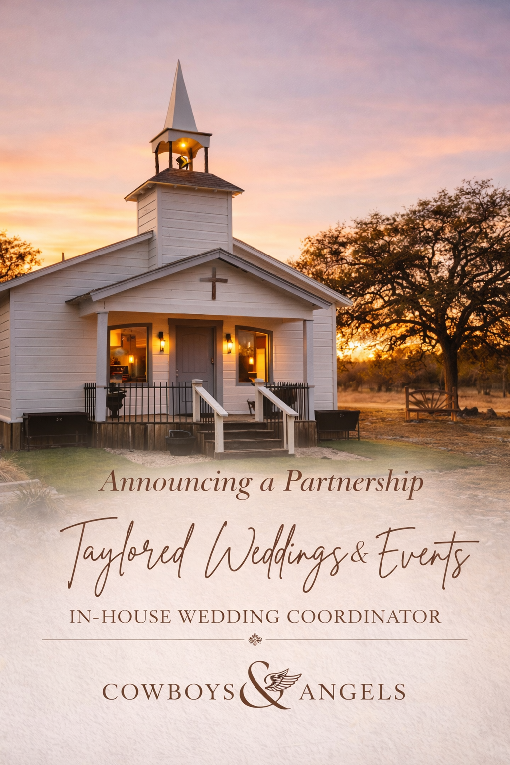 White chapel at sunset with wedding event text overlay and lit steeple, set in a rustic field.
