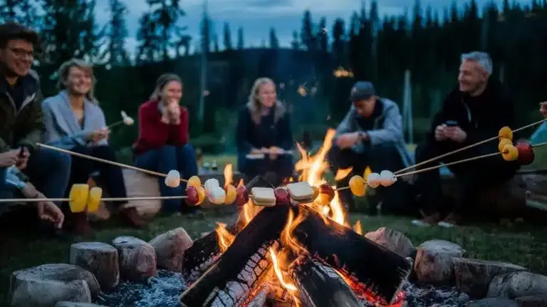 Friends roasting marshmallows around a campfire at dusk in a wooded campsite