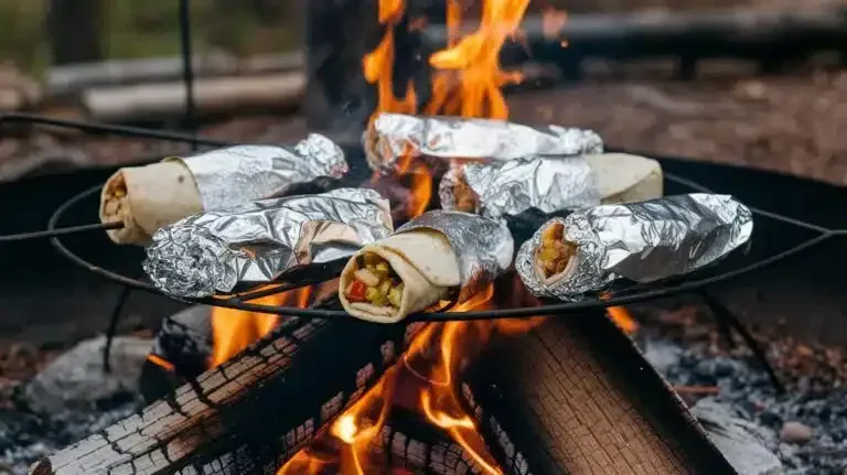 Foil-wrapped burritos roasting over an open campfire on a grill grate