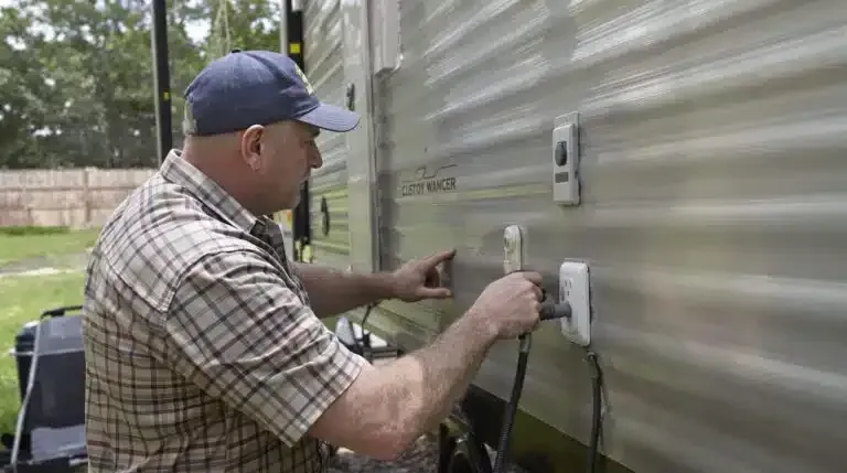 Man in a cap tightening a white RV connector beside a silver camper outdoors