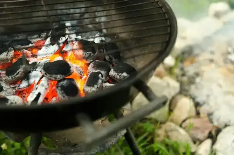 Charcoal grill with glowing coals and black grate beside grass and stones