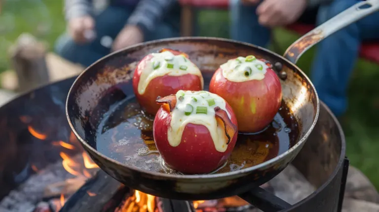 Apples topped with melted cheese roasting in a pan over an open fire outdoors