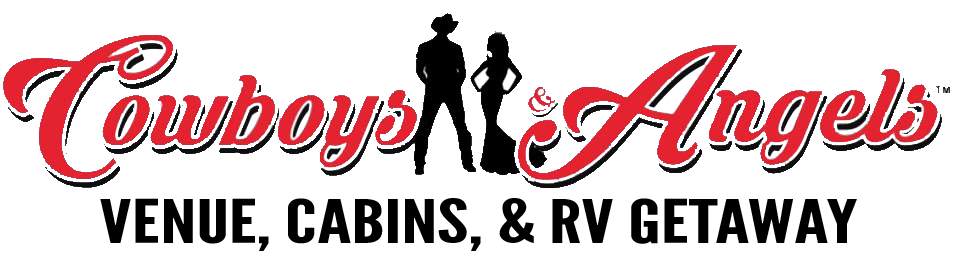 Cowboys & Angels Bed & Breakfast Cabins and RV Retreat logo with red script and black silhouette figures