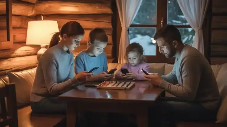 Family gathered around a table, playing a board game by warm lamplight in a log cabin.