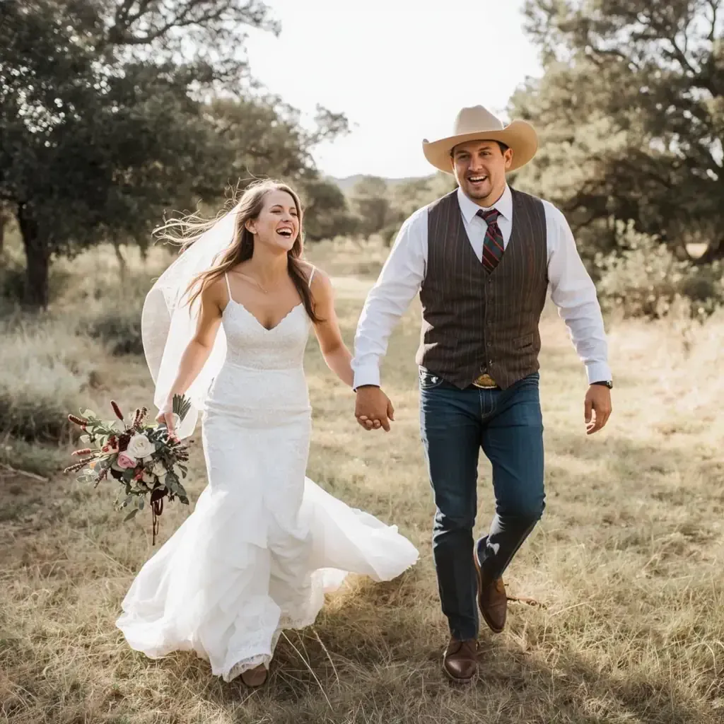 Bride and groom holding hands and walking outdoors in a grassy field, smiling