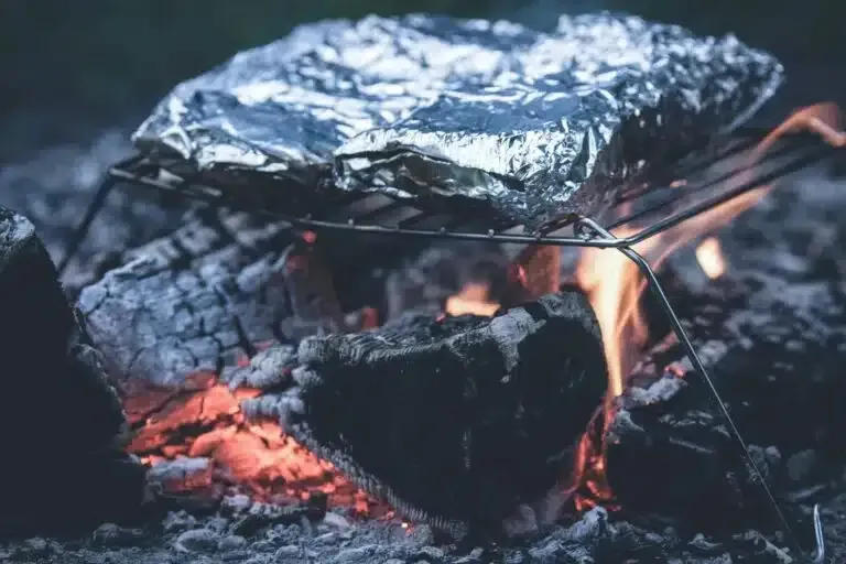 Foil-wrapped food cooking over glowing embers in a campfire grill